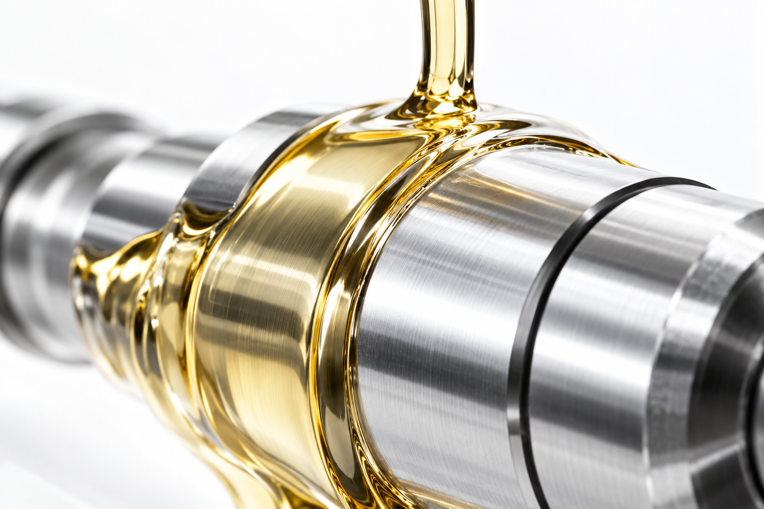 Golden lubricant flowing over polished silver metal